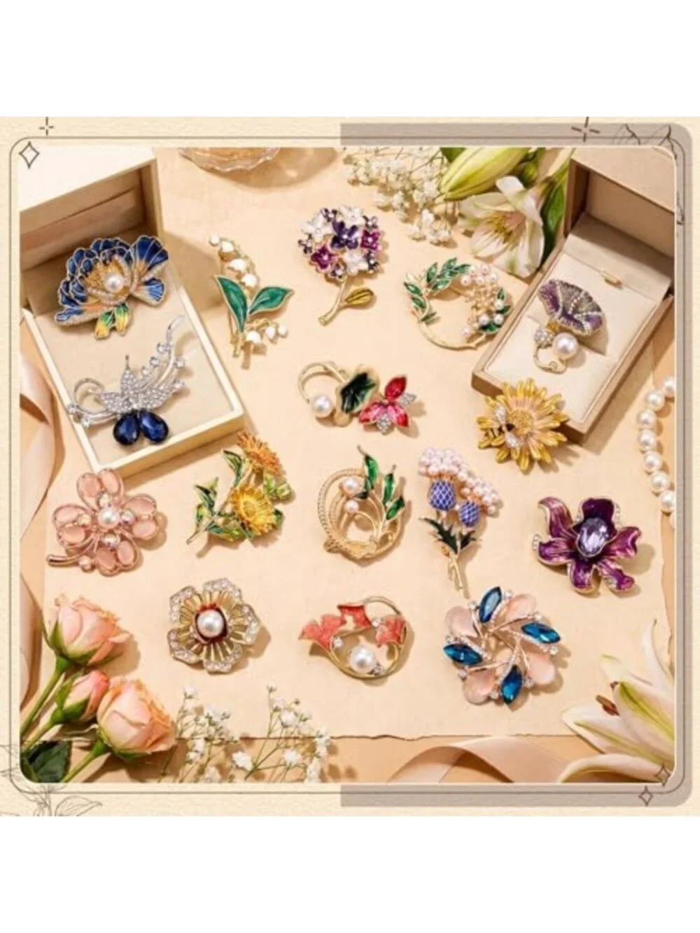 16 Pcs Vintage Rhinestone Animal & Plant Brooch Set - Unique Gifts for Women
